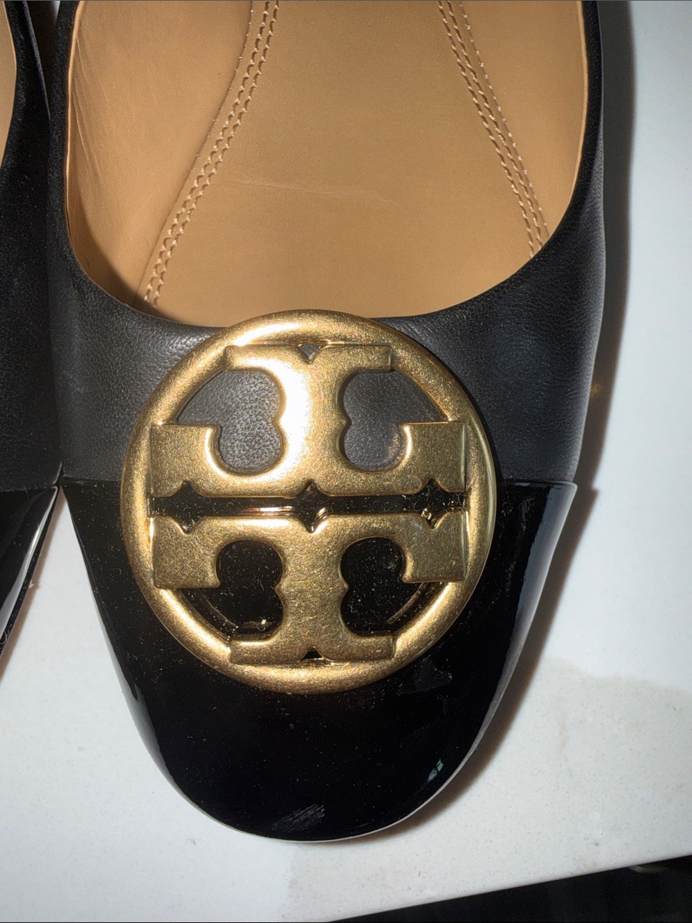 Tory Burch Black Patent Leather Flats with Gold Logo Medallions - Picture 7 of 7